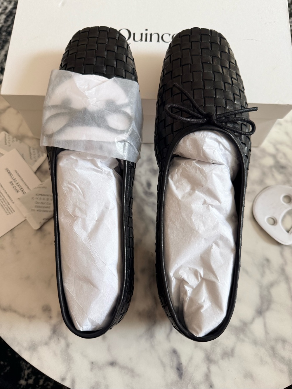 Quince Black Woven Ballet Loafers with Bow Accent